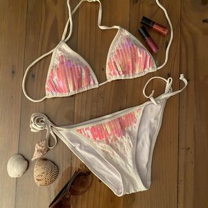 White with Pink sequin bikini set